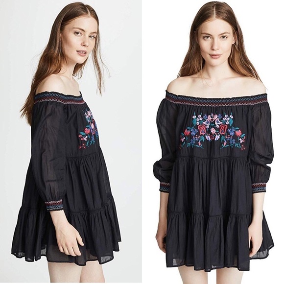 Free People Embroidered Floral Gypsy Dress Black - Picture 1 of 8